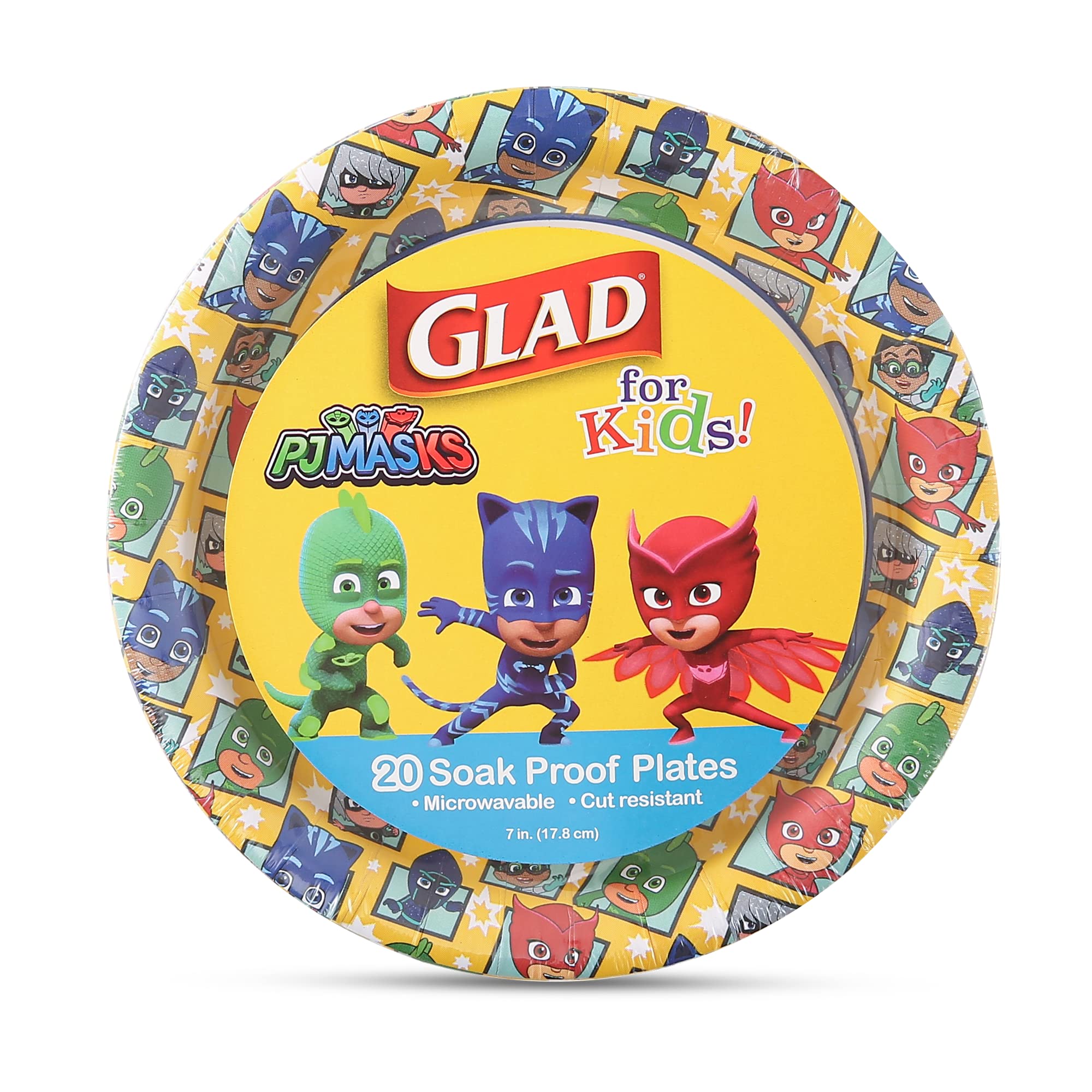 Glad for Kids 7 inch PJ Masks Comics Paper Plates, 20 Ct | Disposable Paper Plates with PJ Masks Superhero Comics Design | Heavy Duty Soak Proof Microwavable Paper Plates for Everyday Use