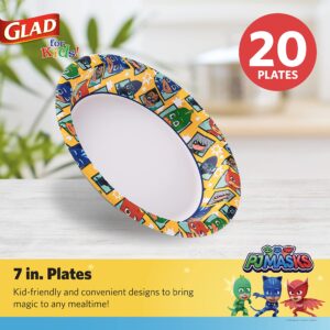 Glad for Kids 7 inch PJ Masks Comics Paper Plates, 20 Ct | Disposable Paper Plates with PJ Masks Superhero Comics Design | Heavy Duty Soak Proof Microwavable Paper Plates for Everyday Use