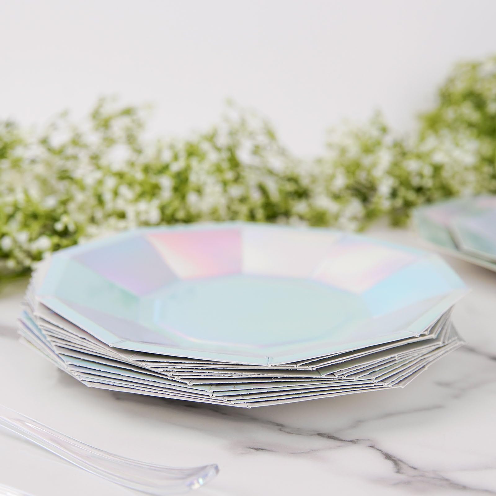 Efavormart 25 Pack | 7.5" Iridescent Decagonal Premium Dinner Paper Plates - 300 GSM for Wedding Receptions, Banquets, Catered Events