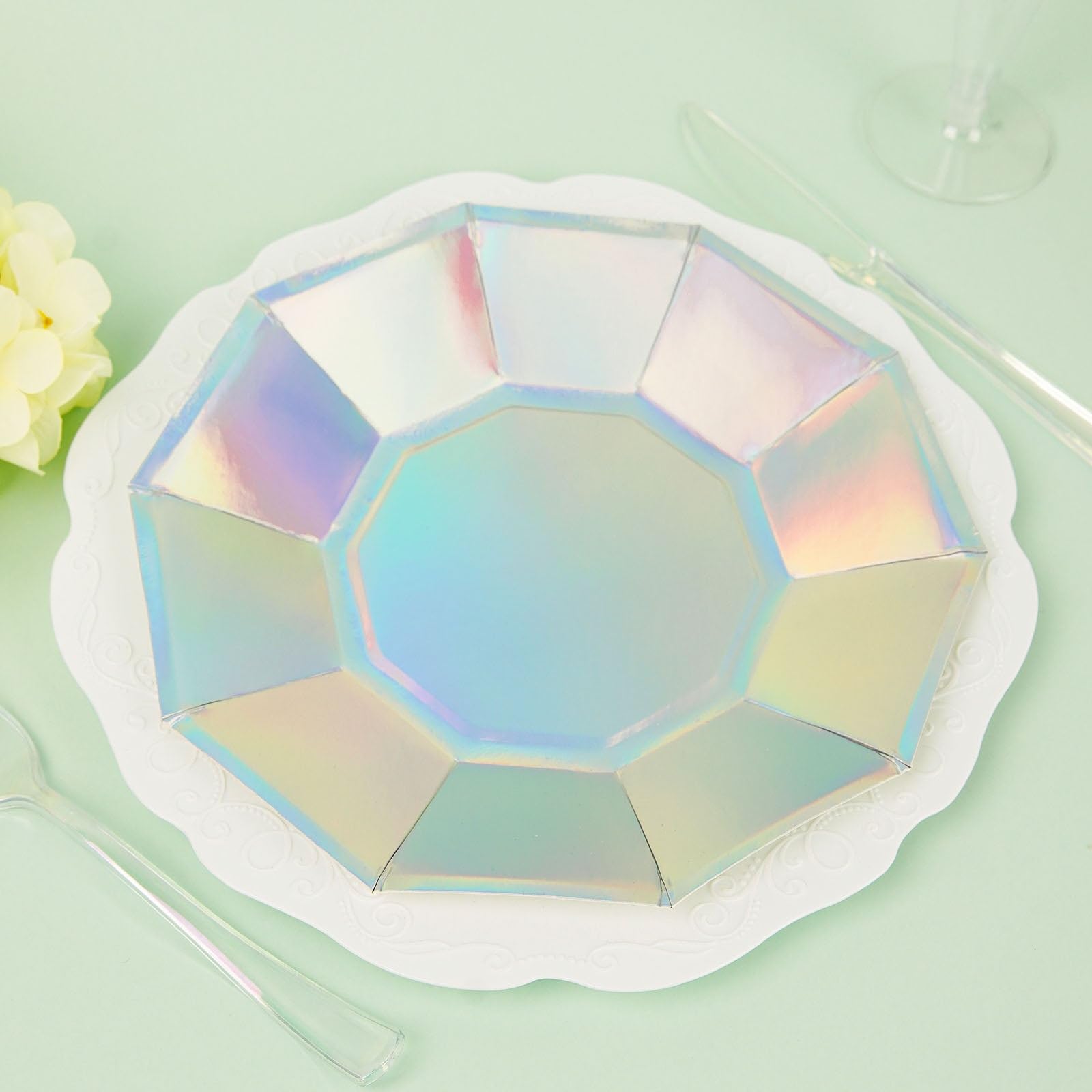 Efavormart 25 Pack | 7.5" Iridescent Decagonal Premium Dinner Paper Plates - 300 GSM for Wedding Receptions, Banquets, Catered Events