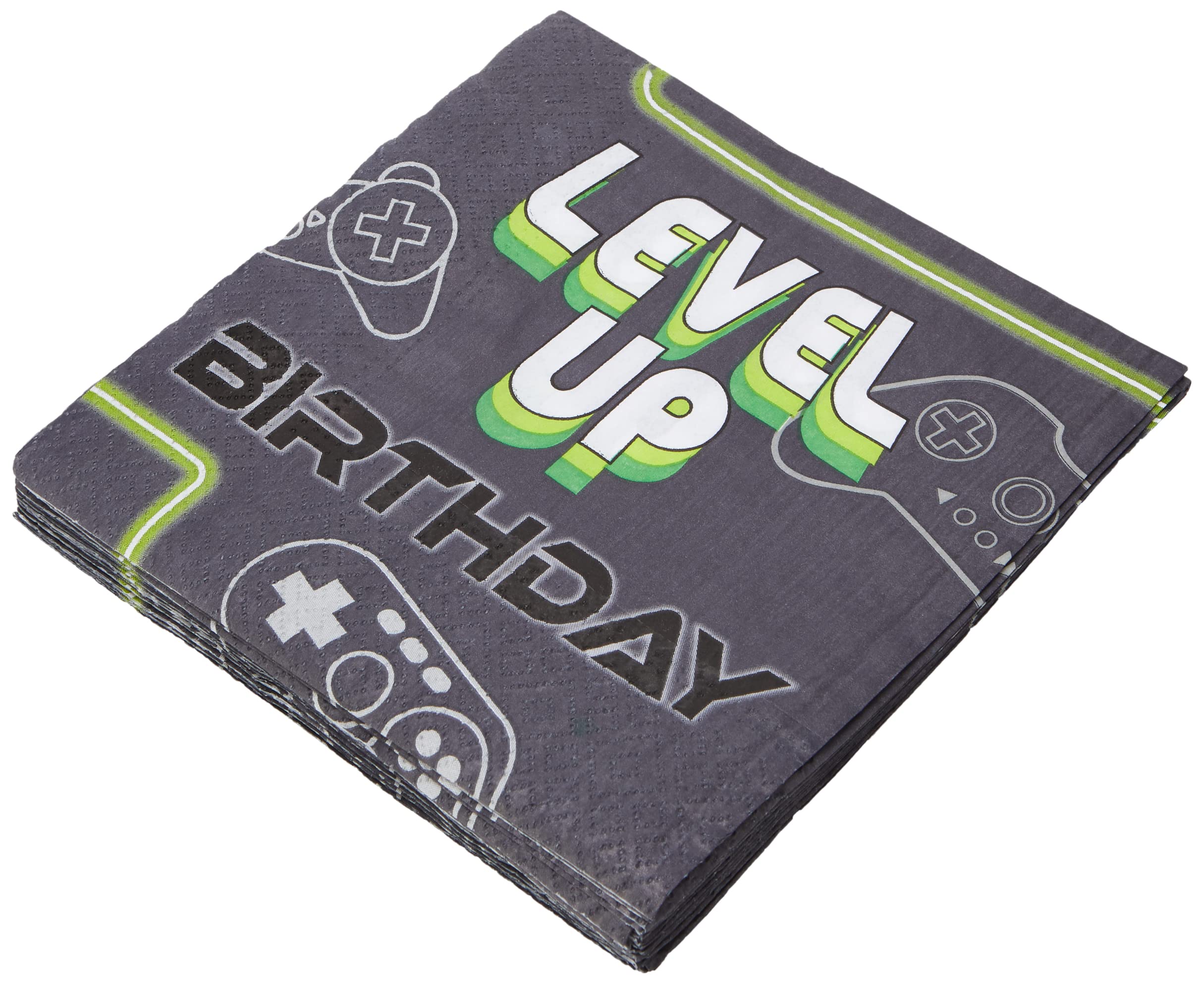 Green & Black "Level Up" Paper Luncheon Napkins, 6.5" (16-Pack) - Disposable Party Tableware for Kids Birthday & Fun Events