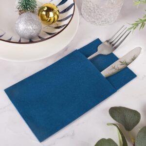 Linen-Feel Navy Blue Paper Napkins, 50 Pcs Cloth Like Dinner Napkins with Built-in Flatware Pocket, Pre-Folded Absorbent Napkins Disposable Guest Paper Hand Towels for Bathroom, Weddings Party Napkins