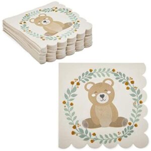 sparkle and bash 100 pack bear paper napkins for boy baby shower, scalloped edge (6.5 inches)