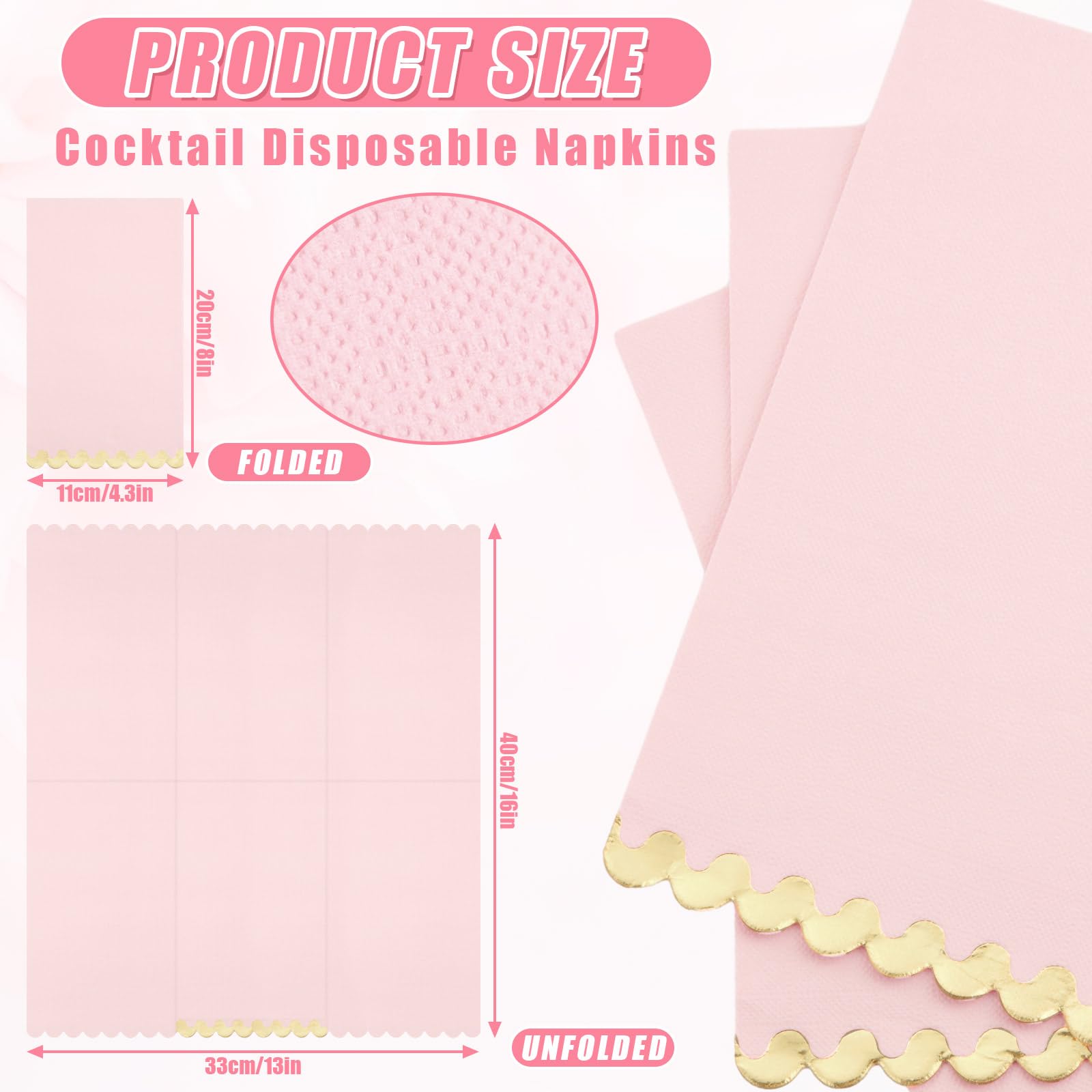 Sumind 100 Pcs Baby Pink Cocktail Napkins with Gold Foil Scalloped Edges 2 Ply Paper Dinner Napkins Disposable Party Napkins for Guest Wedding Reception Baby Shower Birthday Supplies, 13 x 16 Inch