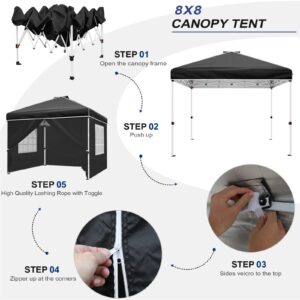 TINKLE WELL Patio Canopy 8'x 8'Pop up Instant Gazebo Tent, Outdoor Portable Shelter w/Sidewalls and Windows Sun Protection, 8 Stakes, 4 Ropes, 4 Double-Barrel and a Roller Bag(Black,8x8ft)