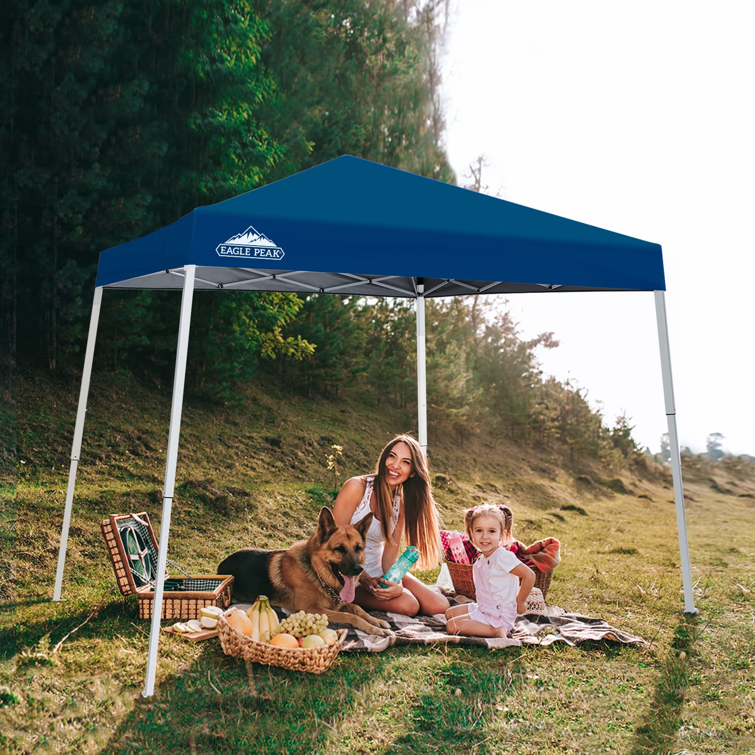 EAGLE PEAK 10x10 Slant Leg Pop-up Canopy Tent Easy One Person Setup Instant Outdoor Beach Canopy Folding Portable Sports Shelter 10x10 Base 8x8 Top (Dark Blue)