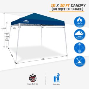 EAGLE PEAK 10x10 Slant Leg Pop-up Canopy Tent Easy One Person Setup Instant Outdoor Beach Canopy Folding Portable Sports Shelter 10x10 Base 8x8 Top (Dark Blue)