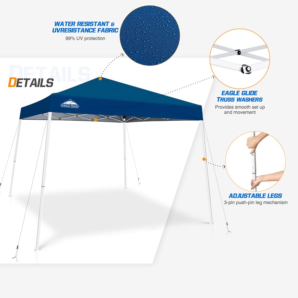 EAGLE PEAK 10x10 Slant Leg Pop-up Canopy Tent Easy One Person Setup Instant Outdoor Beach Canopy Folding Portable Sports Shelter 10x10 Base 8x8 Top (Dark Blue)