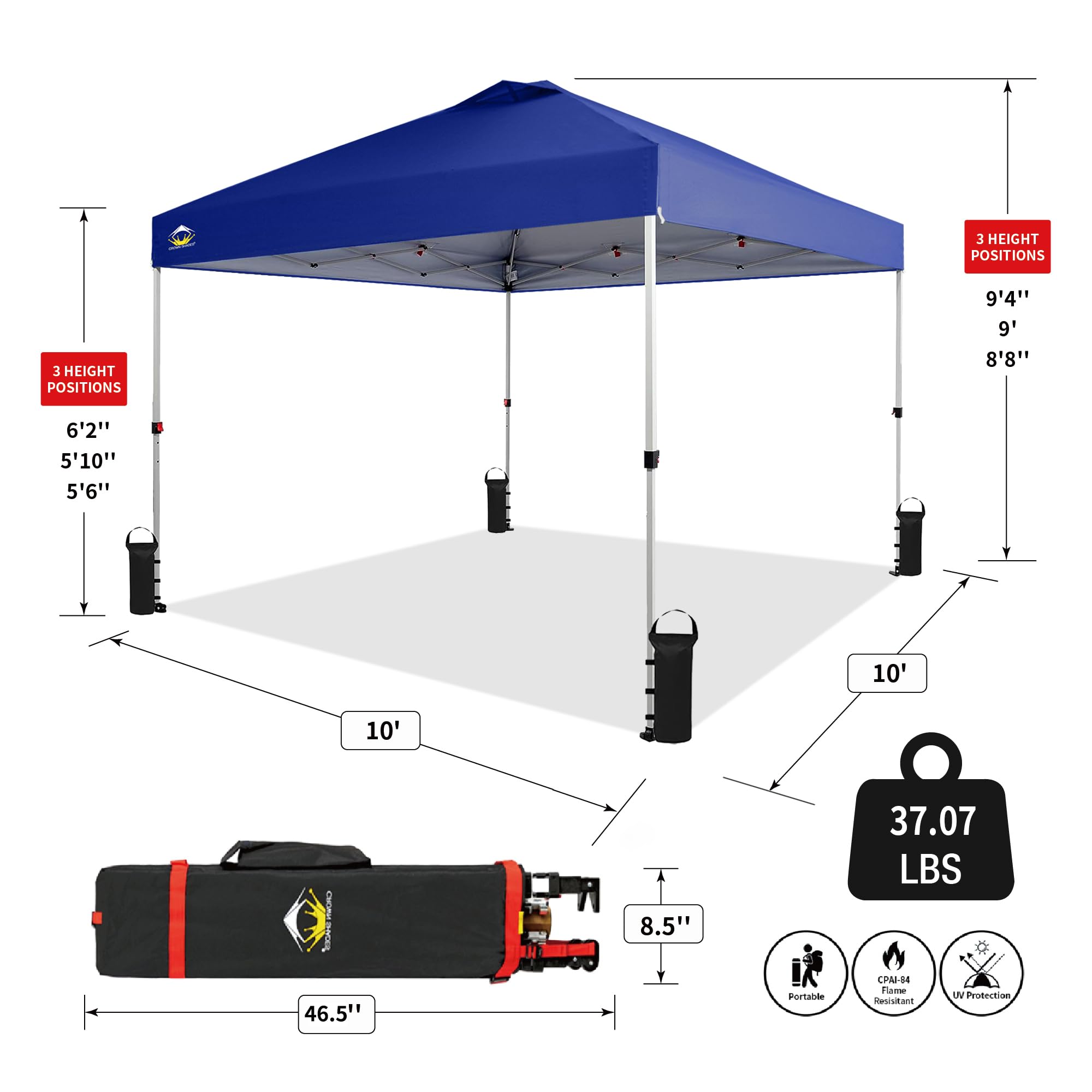 CROWN SHADES Canopy Tent 10x10 Pop Up Canopy Outdoor Shade, Easy Up Sun Shelter with One Person Set Up Center Lock, Portable Instant Tailgate Camping Beach Canopy Tents for Parties, Navy Blue