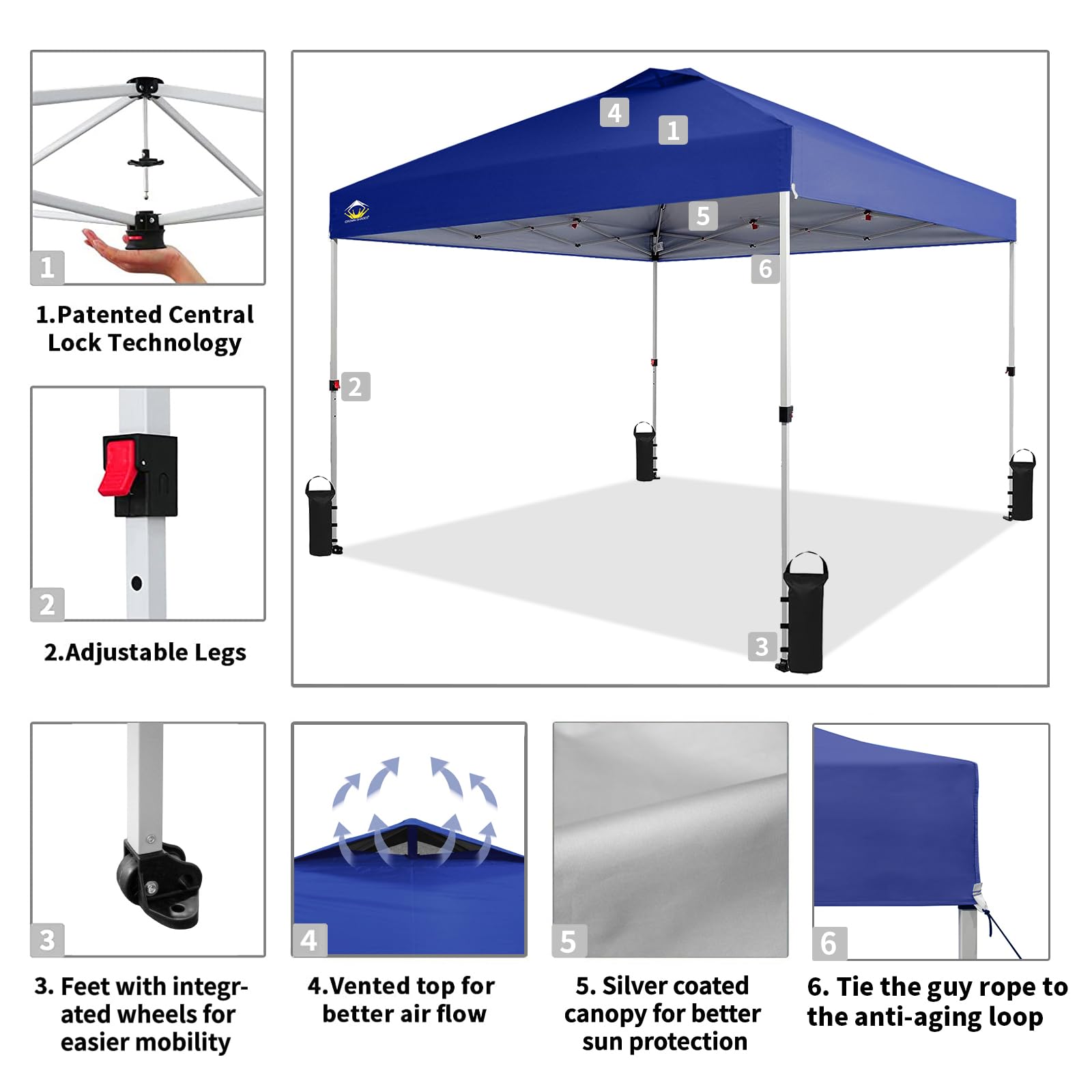 CROWN SHADES Canopy Tent 10x10 Pop Up Canopy Outdoor Shade, Easy Up Sun Shelter with One Person Set Up Center Lock, Portable Instant Tailgate Camping Beach Canopy Tents for Parties, Navy Blue