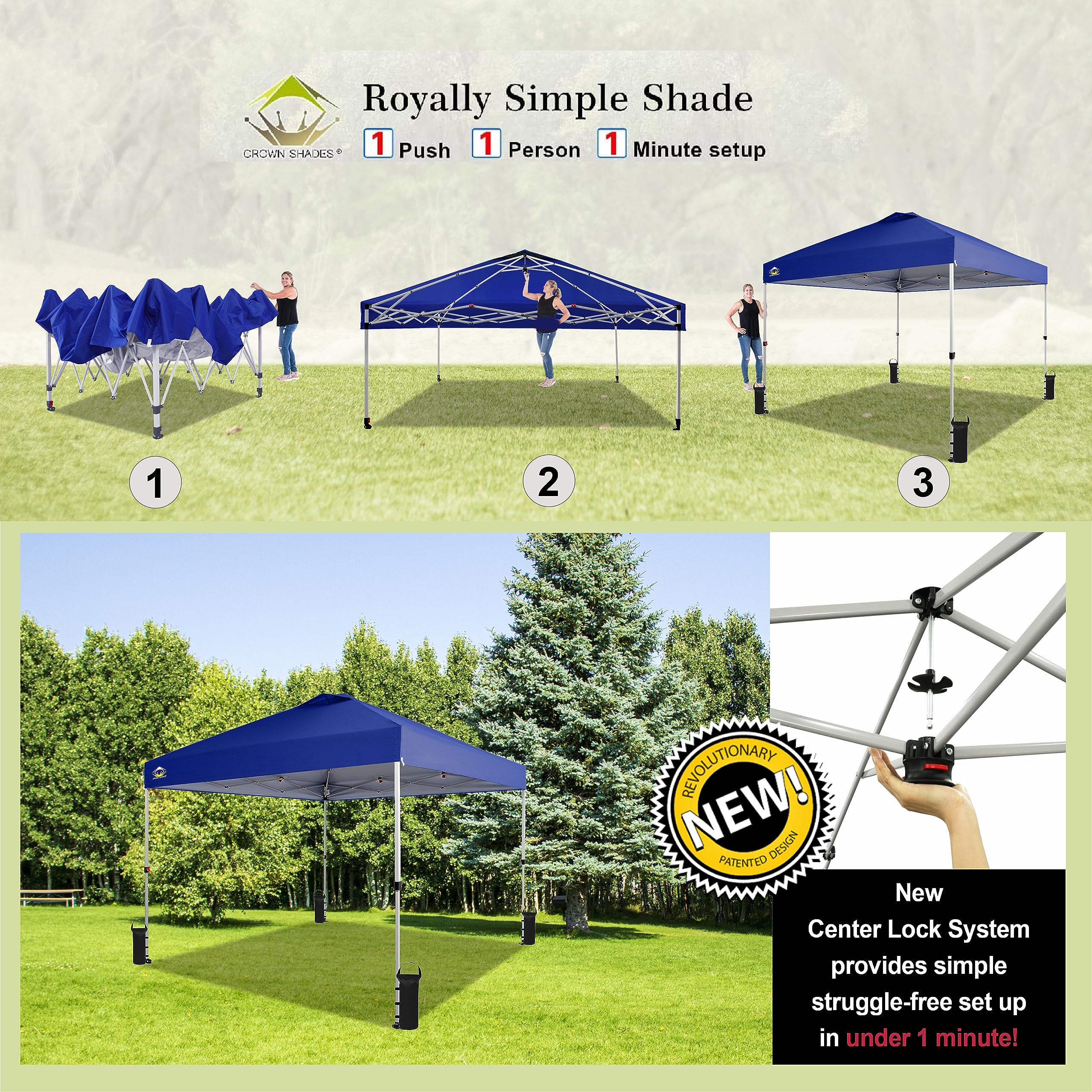 CROWN SHADES Canopy Tent 10x10 Pop Up Canopy Outdoor Shade, Easy Up Sun Shelter with One Person Set Up Center Lock, Portable Instant Tailgate Camping Beach Canopy Tents for Parties, Navy Blue