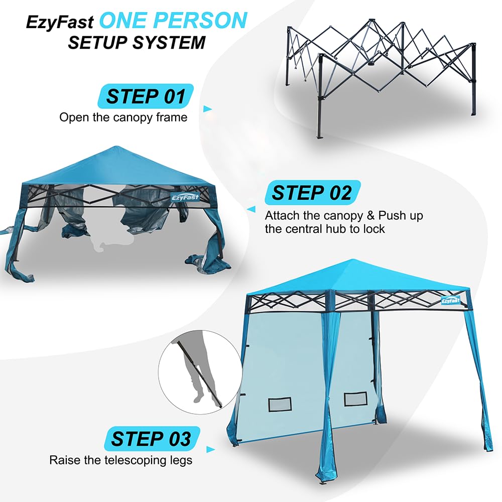 EzyFast Compact Pop Up Canopy Tent, Collapsible Instant Shelter, Portable Sports Cabana, With Built-in Weight Bags, 8 x 8 ft Base / 6 x 6 ft Top for Camping,Hiking,Fishing,Family Outings (Mosaic Blue)