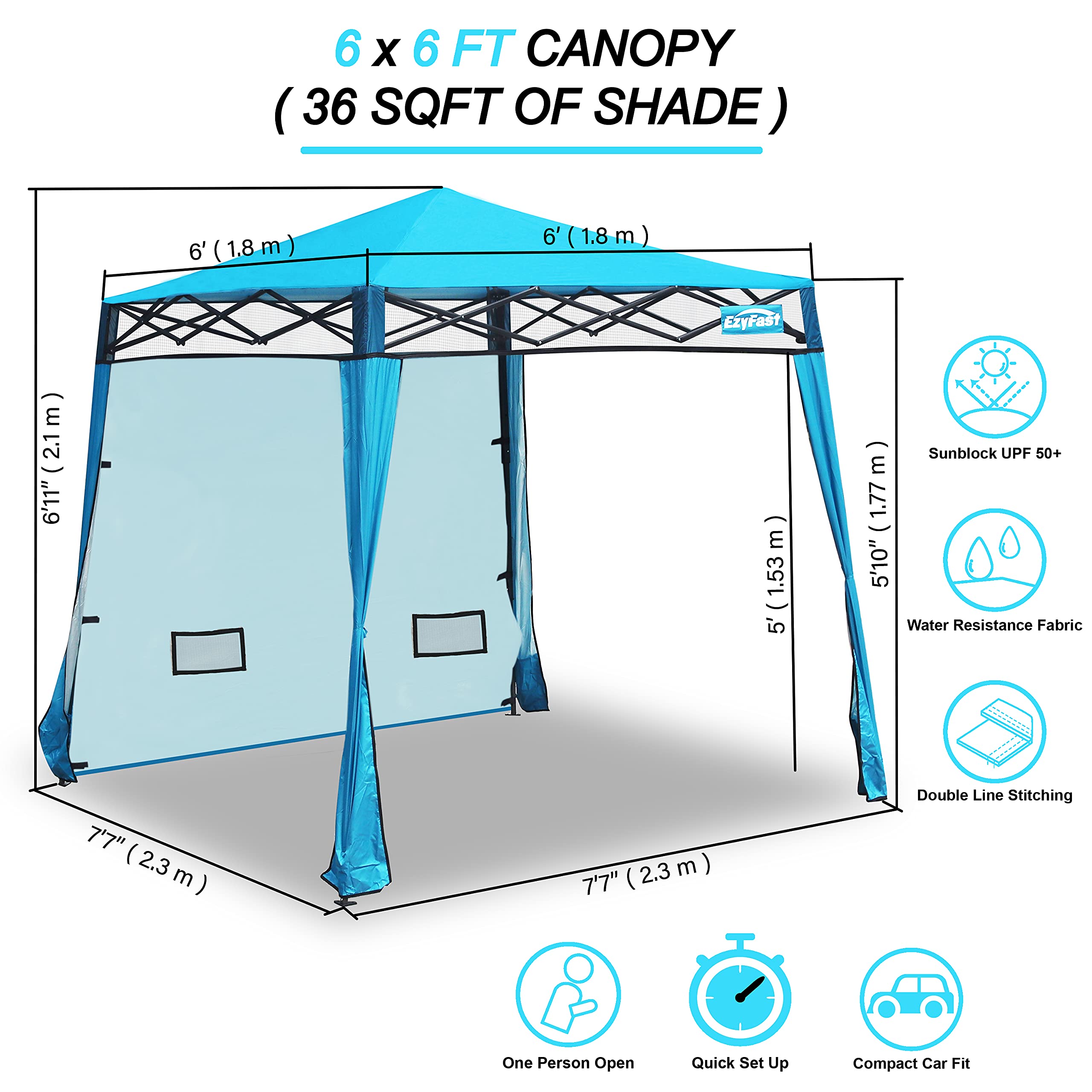 EzyFast Compact Pop Up Canopy Tent, Collapsible Instant Shelter, Portable Sports Cabana, With Built-in Weight Bags, 8 x 8 ft Base / 6 x 6 ft Top for Camping,Hiking,Fishing,Family Outings (Mosaic Blue)