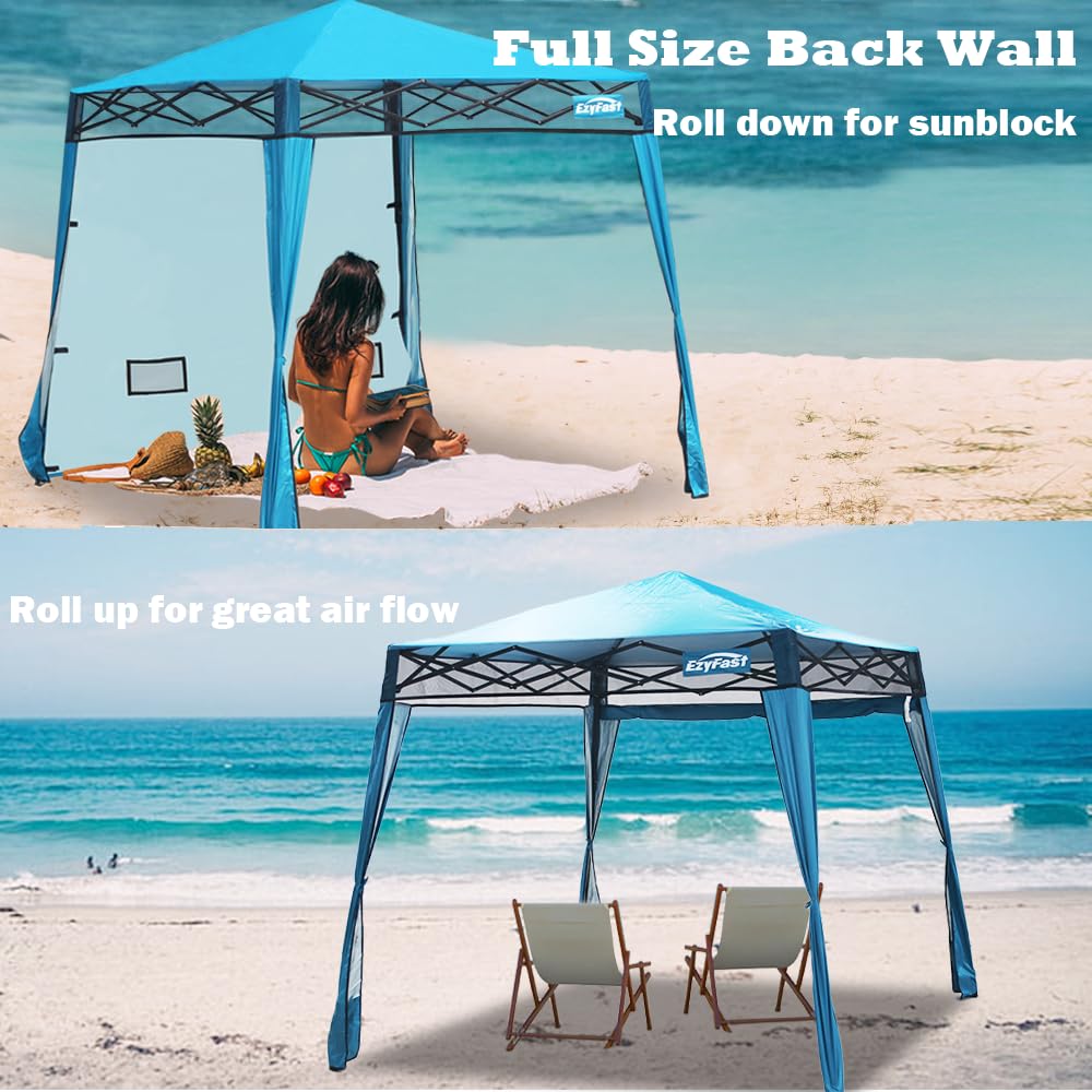 EzyFast Compact Pop Up Canopy Tent, Collapsible Instant Shelter, Portable Sports Cabana, With Built-in Weight Bags, 8 x 8 ft Base / 6 x 6 ft Top for Camping,Hiking,Fishing,Family Outings (Mosaic Blue)