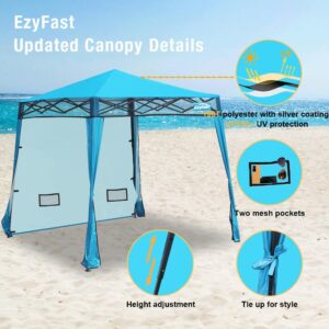 EzyFast Compact Pop Up Canopy Tent, Collapsible Instant Shelter, Portable Sports Cabana, With Built-in Weight Bags, 8 x 8 ft Base / 6 x 6 ft Top for Camping,Hiking,Fishing,Family Outings (Mosaic Blue)