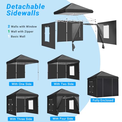 CAJECUS 10'x10' Pop Up Canopy Tent with 4 Sidewalls, Ez Pop Up Outdoor Canopy,Waterproof Commercial Tent with 3 Adjustable Height, Carry Bag,4 Sand Bags,4 Ropes and 8 Stakes(10FTx10FT,Black)