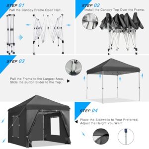 CAJECUS 10'x10' Pop Up Canopy Tent with 4 Sidewalls, Ez Pop Up Outdoor Canopy,Waterproof Commercial Tent with 3 Adjustable Height, Carry Bag,4 Sand Bags,4 Ropes and 8 Stakes(10FTx10FT,Black)