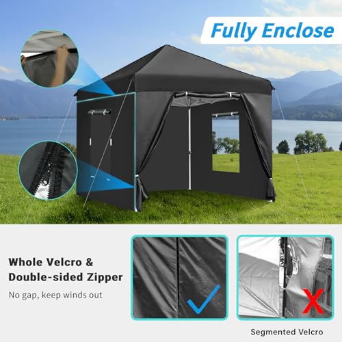 CAJECUS 10'x10' Pop Up Canopy Tent with 4 Sidewalls, Ez Pop Up Outdoor Canopy,Waterproof Commercial Tent with 3 Adjustable Height, Carry Bag,4 Sand Bags,4 Ropes and 8 Stakes(10FTx10FT,Black)