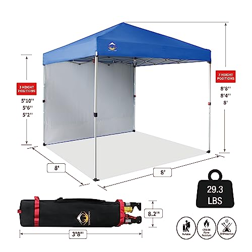 CROWN SHADES Canopy Tent 8x8 Pop Up Canopy Outdoor Shade with One Sidewall, Easy Up Sun Shelter with One Person Set Up Center Lock, Portable Instant Camping Beach Canopy Tents, Blue