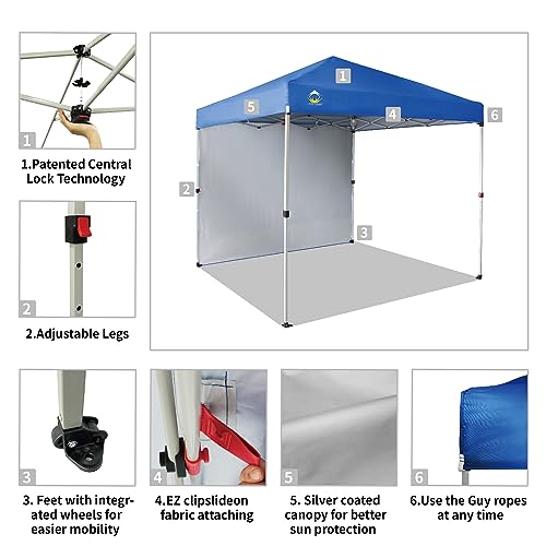 CROWN SHADES Canopy Tent 8x8 Pop Up Canopy Outdoor Shade with One Sidewall, Easy Up Sun Shelter with One Person Set Up Center Lock, Portable Instant Camping Beach Canopy Tents, Blue