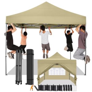 cobizi 10x10 pop up canopy tent 10x10 canopy with 4 sidewalls waterproof heavy duty commercial canopy tent for parties outdoor tent garden gazebo tent, carry bag with wheel(10x10ft, khaki)