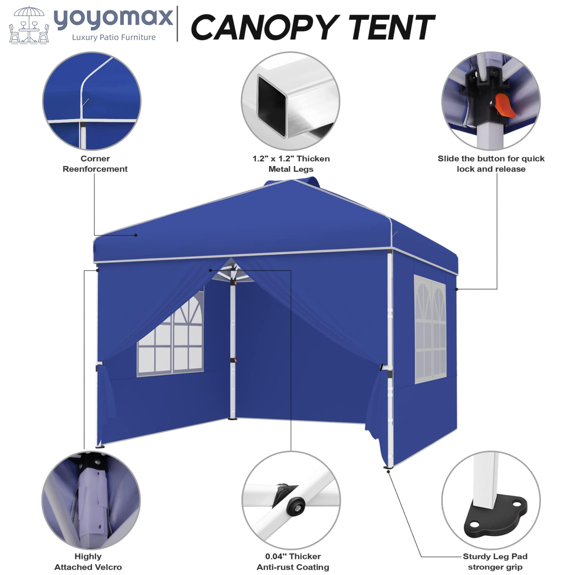 yoyomax 8'x 8' Pop Up Canopy Instant Folding Gazebo, Outdoor Lightweight Gazebo Shade Tent with Sidewalls and Windows Sun Protection, Ideal for Patio-Backyard-Deck (Blue)