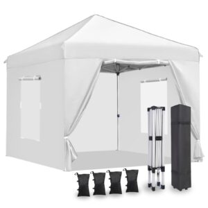 cajecus 10'x10' pop up canopy tent with 4 sidewalls, ez pop up outdoor canopy,waterproof commercial tent with 3 adjustable height, carry bag,4 sand bags,4 ropes and 8 stakes(10ftx10ft,white)