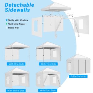 CAJECUS 10'x10' Pop Up Canopy Tent with 4 Sidewalls, Ez Pop Up Outdoor Canopy,Waterproof Commercial Tent with 3 Adjustable Height, Carry Bag,4 Sand Bags,4 Ropes and 8 Stakes(10FTx10FT,White)