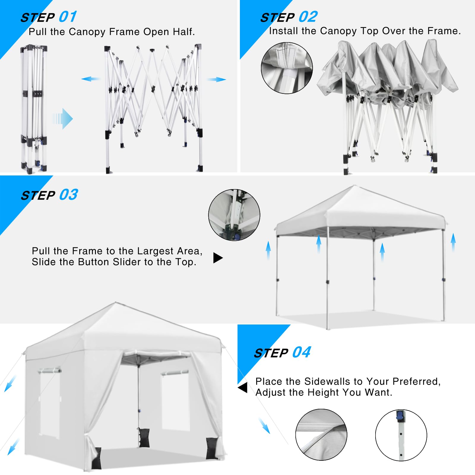 CAJECUS 10'x10' Pop Up Canopy Tent with 4 Sidewalls, Ez Pop Up Outdoor Canopy,Waterproof Commercial Tent with 3 Adjustable Height, Carry Bag,4 Sand Bags,4 Ropes and 8 Stakes(10FTx10FT,White)