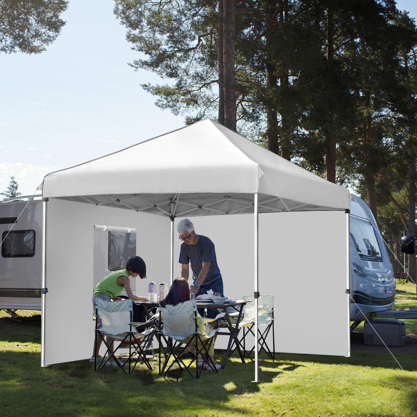 CAJECUS 10'x10' Pop Up Canopy Tent with 4 Sidewalls, Ez Pop Up Outdoor Canopy,Waterproof Commercial Tent with 3 Adjustable Height, Carry Bag,4 Sand Bags,4 Ropes and 8 Stakes(10FTx10FT,White)