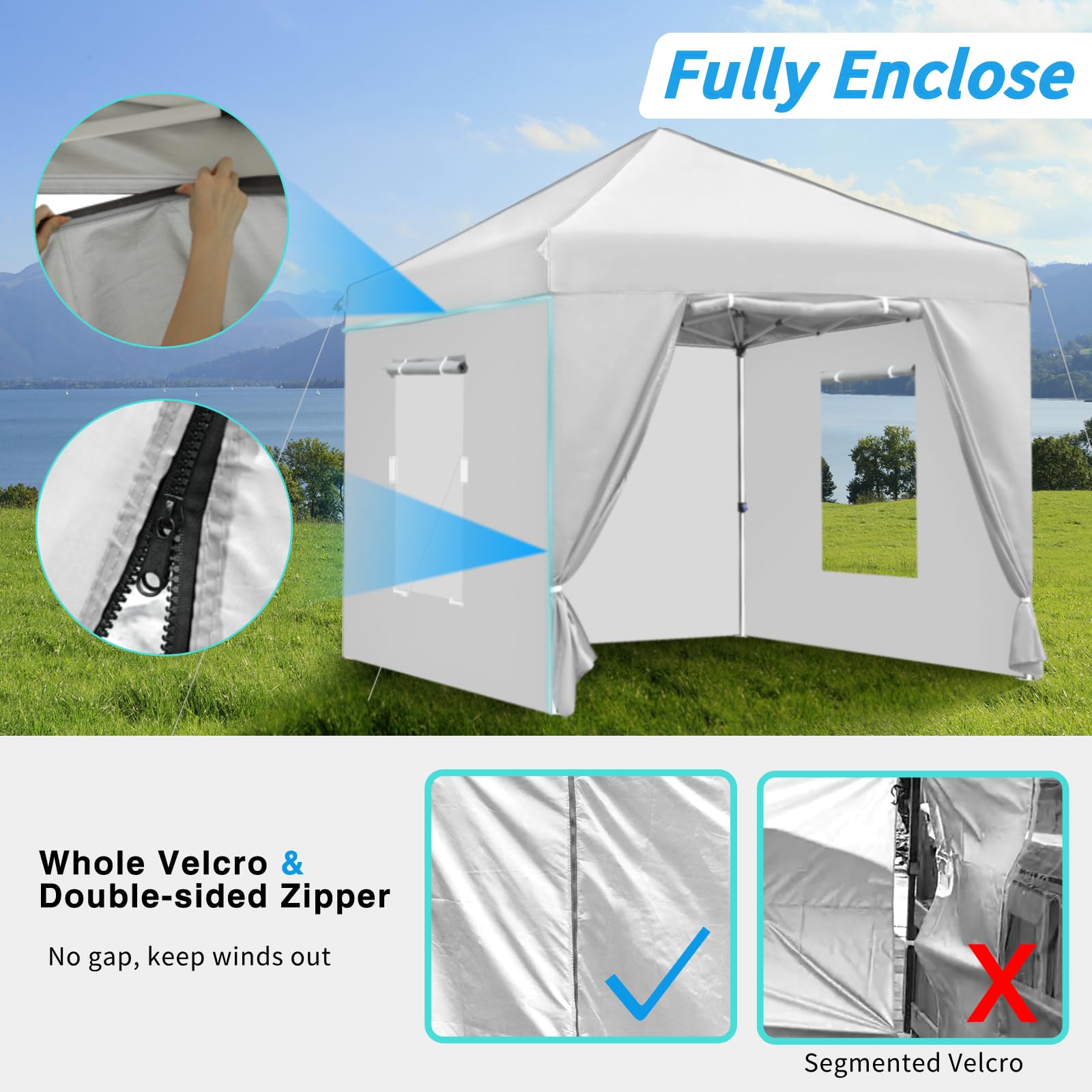 CAJECUS 10'x10' Pop Up Canopy Tent with 4 Sidewalls, Ez Pop Up Outdoor Canopy,Waterproof Commercial Tent with 3 Adjustable Height, Carry Bag,4 Sand Bags,4 Ropes and 8 Stakes(10FTx10FT,White)