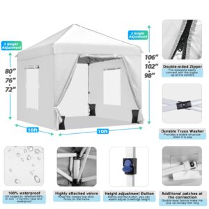 CAJECUS 10'x10' Pop Up Canopy Tent with 4 Sidewalls, Ez Pop Up Outdoor Canopy,Waterproof Commercial Tent with 3 Adjustable Height, Carry Bag,4 Sand Bags,4 Ropes and 8 Stakes(10FTx10FT,White)