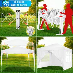 TOOLUCK 10x10 Pop Up Canopy Tent with 4 Sidewalls Tents for Parties Waterproof Camping Canopy Ez Up Party Tent Outdoor Portable Gazebo for Backyard Commercial Event Tent, White