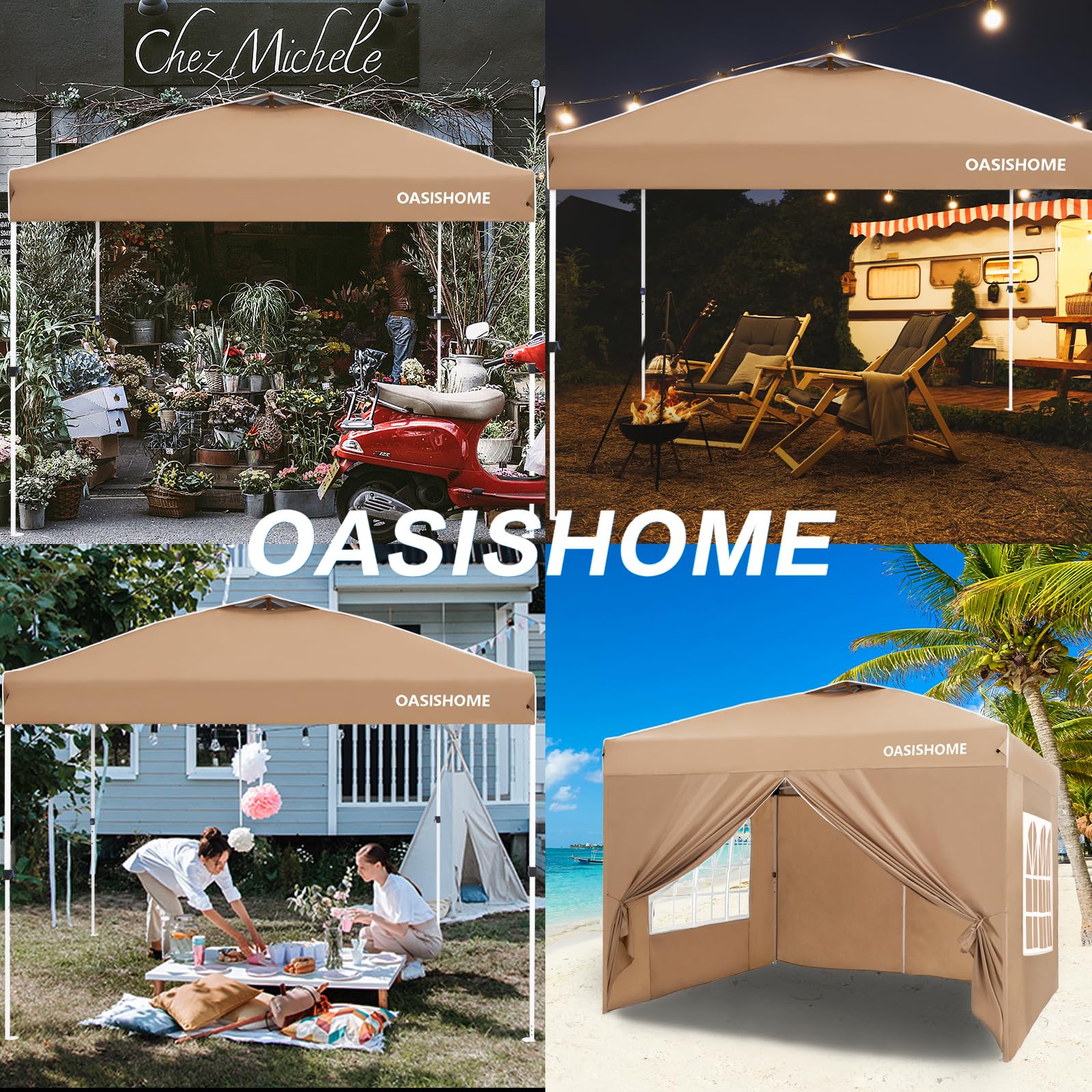 OASISHOME Pop-up Gazebo Instant Canopy Tent 10'x10', with 4 Sidewalls, Windows, Wheeled Bag, for Patio/Outdoor/Wedding Parties and Events (10FTx10FT, Khaki)