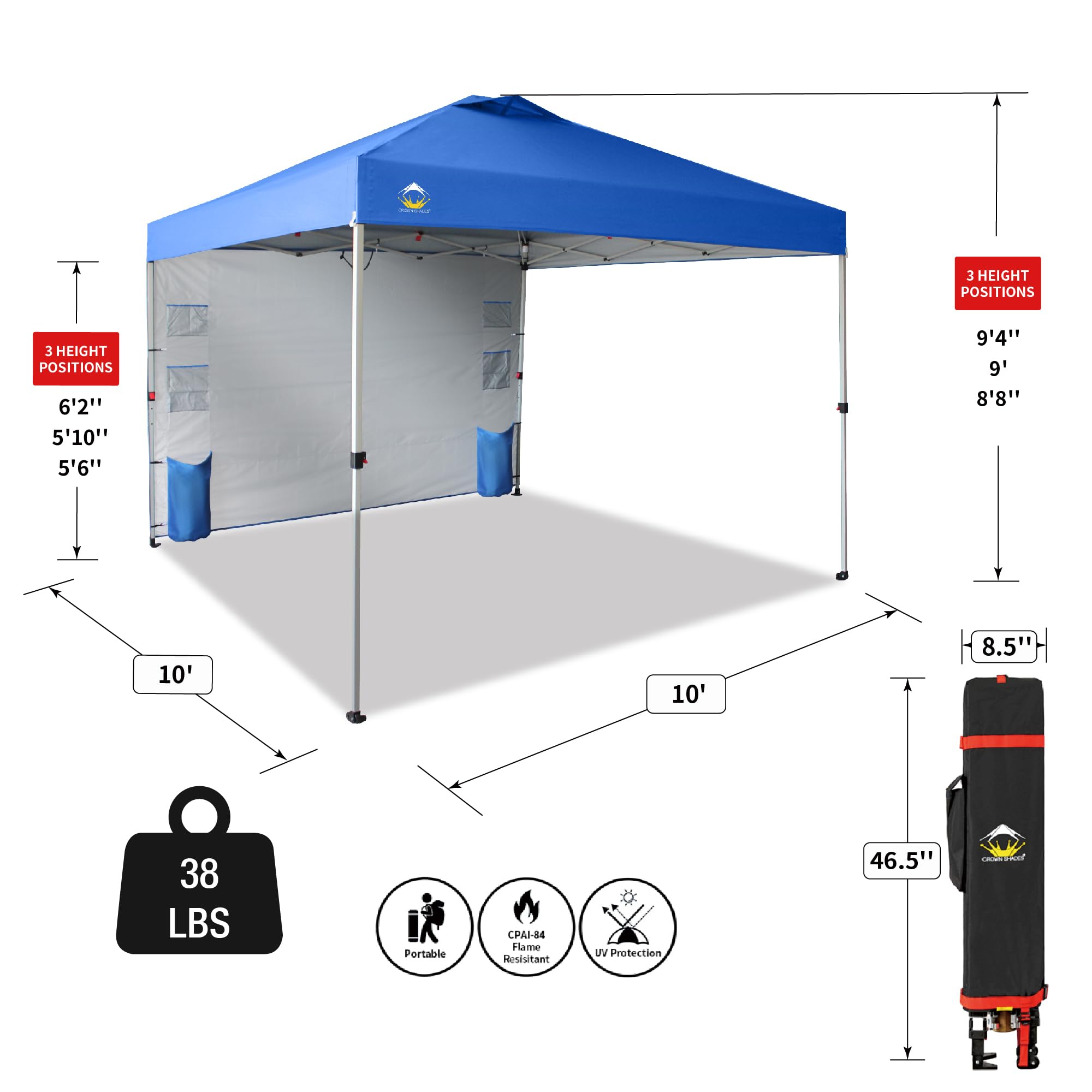 CROWN SHADES Canopy Tent 10x10 Pop Up Canopy Outdoor Shade with Pockets Sidewall, Easy Up Sun Shelter with One Person Set Up Center Lock, Portable Instant Camping Beach Canopy Tents, Blue