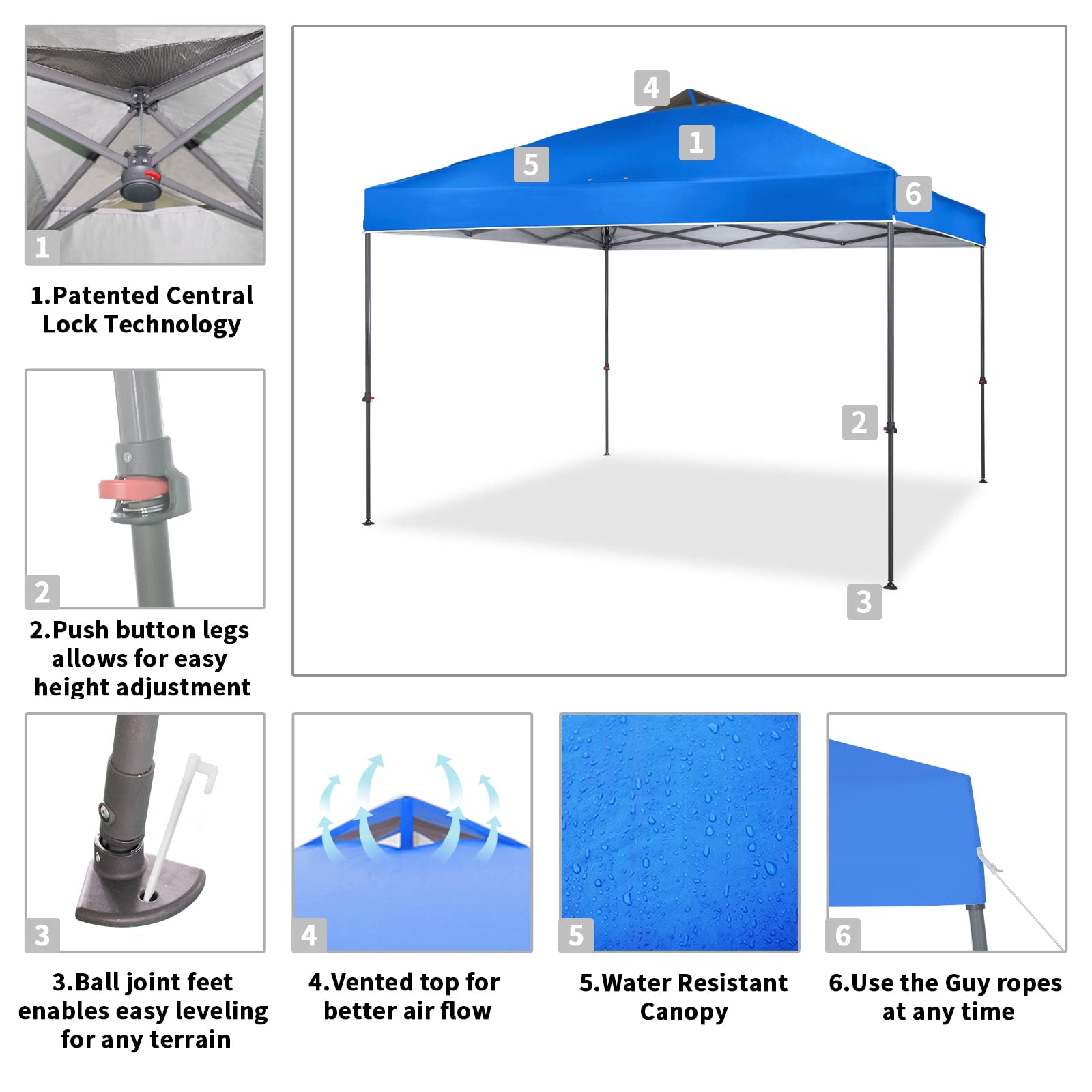 Crown Shades 10 x 10 Foot Adjustable Outdoor Instant Pop Up Tent Portable Waterproof Folding Camping Beach Shade Canopy Shelter with Carry Bag, Blue