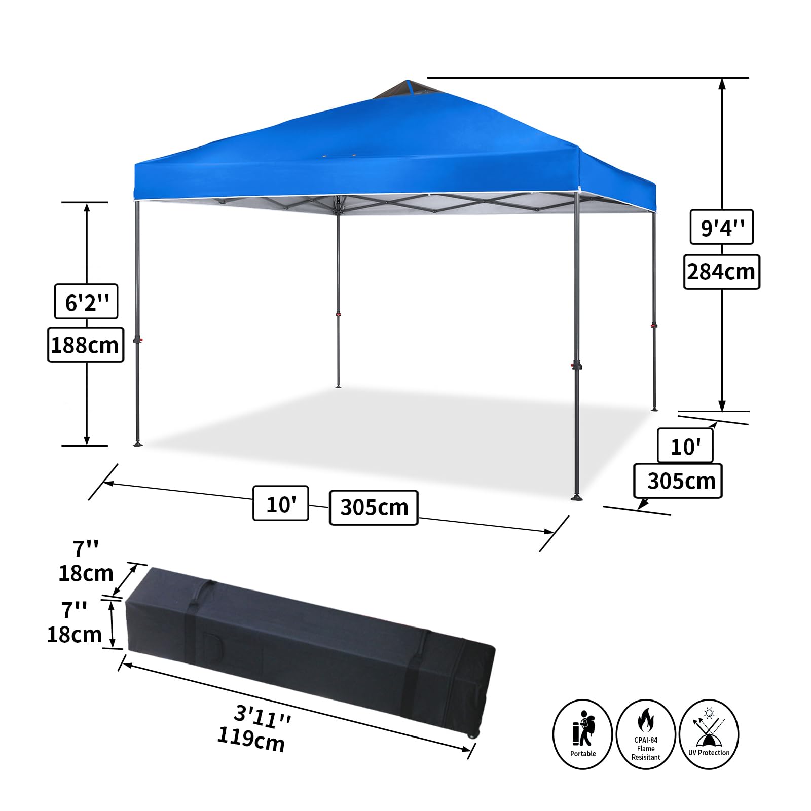 Crown Shades 10 x 10 Foot Adjustable Outdoor Instant Pop Up Tent Portable Waterproof Folding Camping Beach Shade Canopy Shelter with Carry Bag, Blue