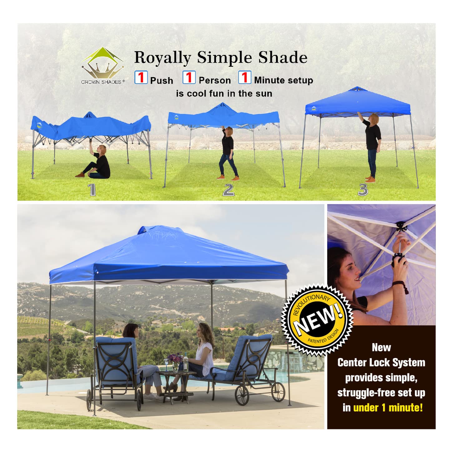 Crown Shades 10 x 10 Foot Adjustable Outdoor Instant Pop Up Tent Portable Waterproof Folding Camping Beach Shade Canopy Shelter with Carry Bag, Blue