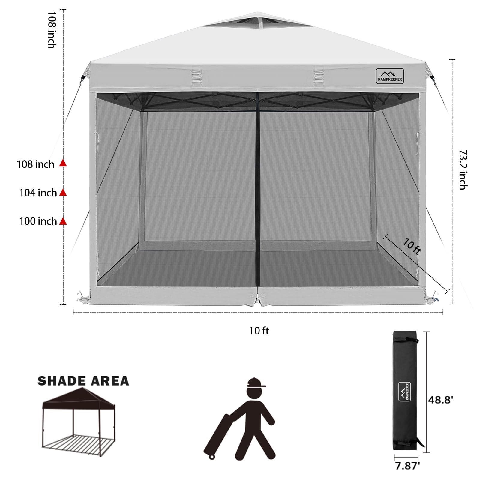 KAMPKEEPER Outdoor 10'x10' Pop Up Screened Canopy Tent with Netting Mesh Walls,4 Sandbags,1 Roller Bag (White Vented Top