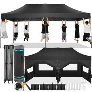 cobizi 10x20 pop up canopy with 6 sidewall,heavy duty canopy upf 50+ all season wind waterproof commercial outdoor wedding party tents for parties canopy gazebo with roller bag(10 x 20 ft black)