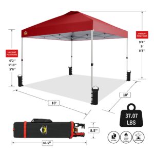 CROWN SHADES Canopy Tent 10x10 Pop Up Canopy Outdoor Shade, Easy Up Sun Shelter with One Person Set Up Center Lock, Portable Instant Tailgate Camping Beach Canopy Tents for Parties, Red