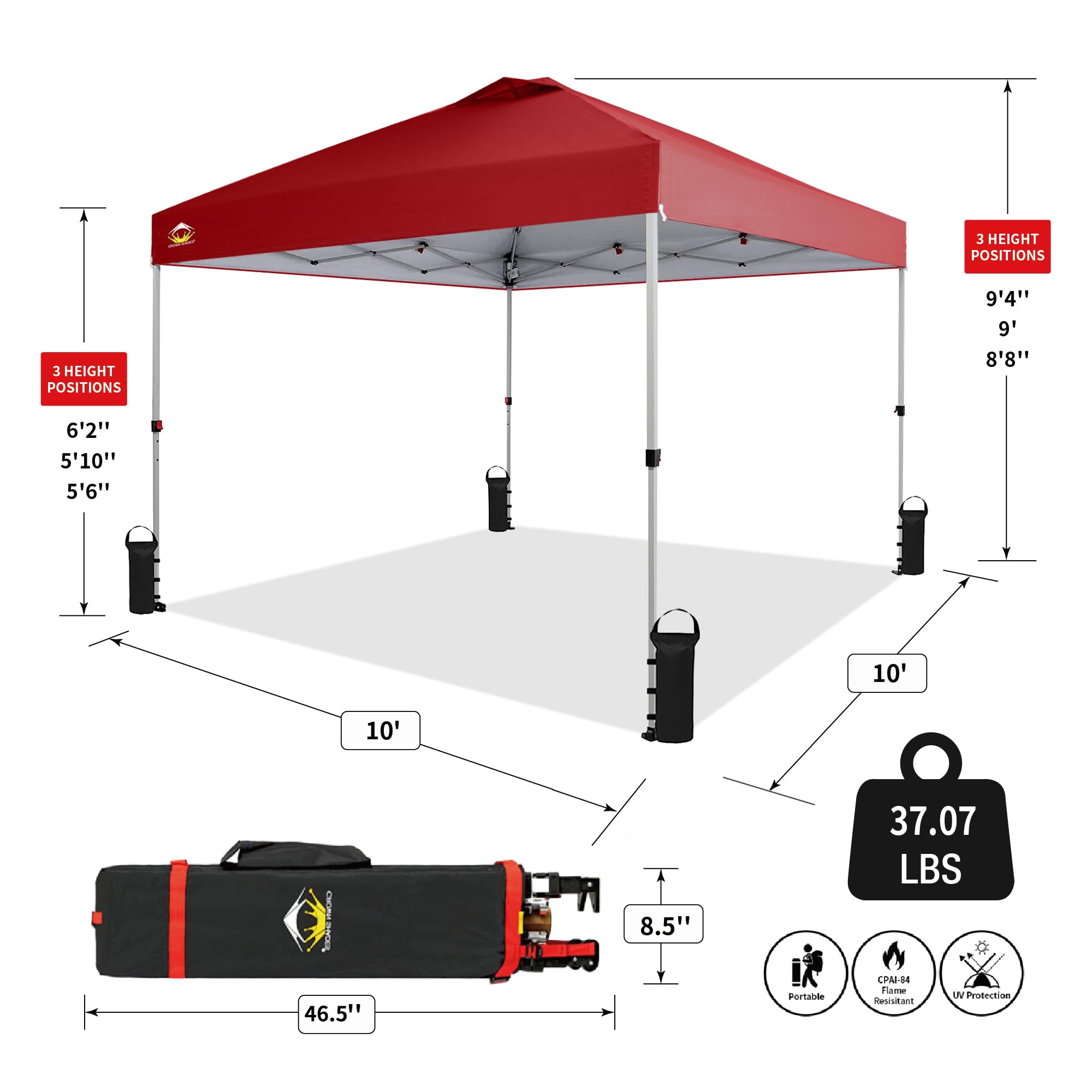 CROWN SHADES Canopy Tent 10x10 Pop Up Canopy Outdoor Shade, Easy Up Sun Shelter with One Person Set Up Center Lock, Portable Instant Tailgate Camping Beach Canopy Tents for Parties, Red