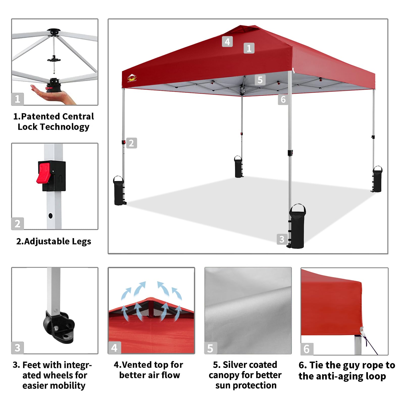 CROWN SHADES Canopy Tent 10x10 Pop Up Canopy Outdoor Shade, Easy Up Sun Shelter with One Person Set Up Center Lock, Portable Instant Tailgate Camping Beach Canopy Tents for Parties, Red