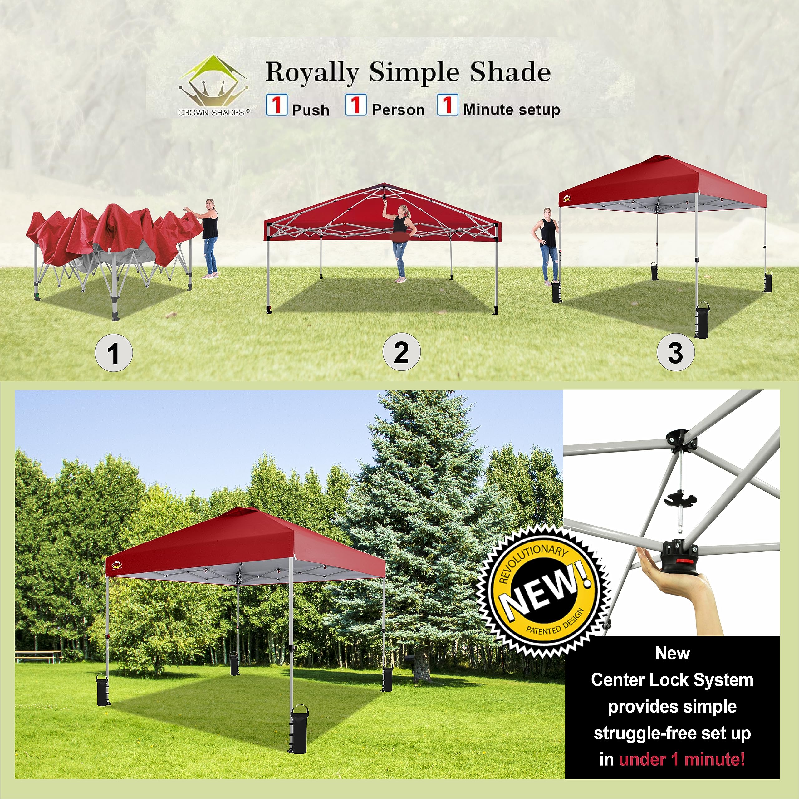 CROWN SHADES Canopy Tent 10x10 Pop Up Canopy Outdoor Shade, Easy Up Sun Shelter with One Person Set Up Center Lock, Portable Instant Tailgate Camping Beach Canopy Tents for Parties, Red