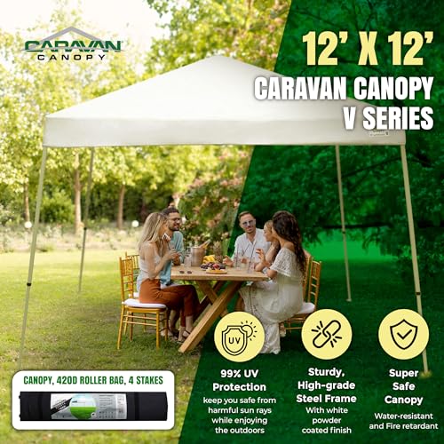 Caravan Canopy V Series 12 by 12 Foot Outdoor Shade Instant Canopy Kit with Steel Frame and 150D Polyester Canopy Top, 3 Leg Height Settings, White