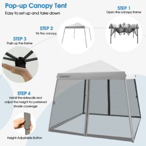 Tangkula 10x10 Ft Pop Up Canopy with Netting, Slanted Leg Outdoor Canopy with Roller Bag, 4 Sand Bags, 8 Stakes, 4 Ropes, Instant Canopy Tent with Easy Set-up Center Lock for Patio (Grey)