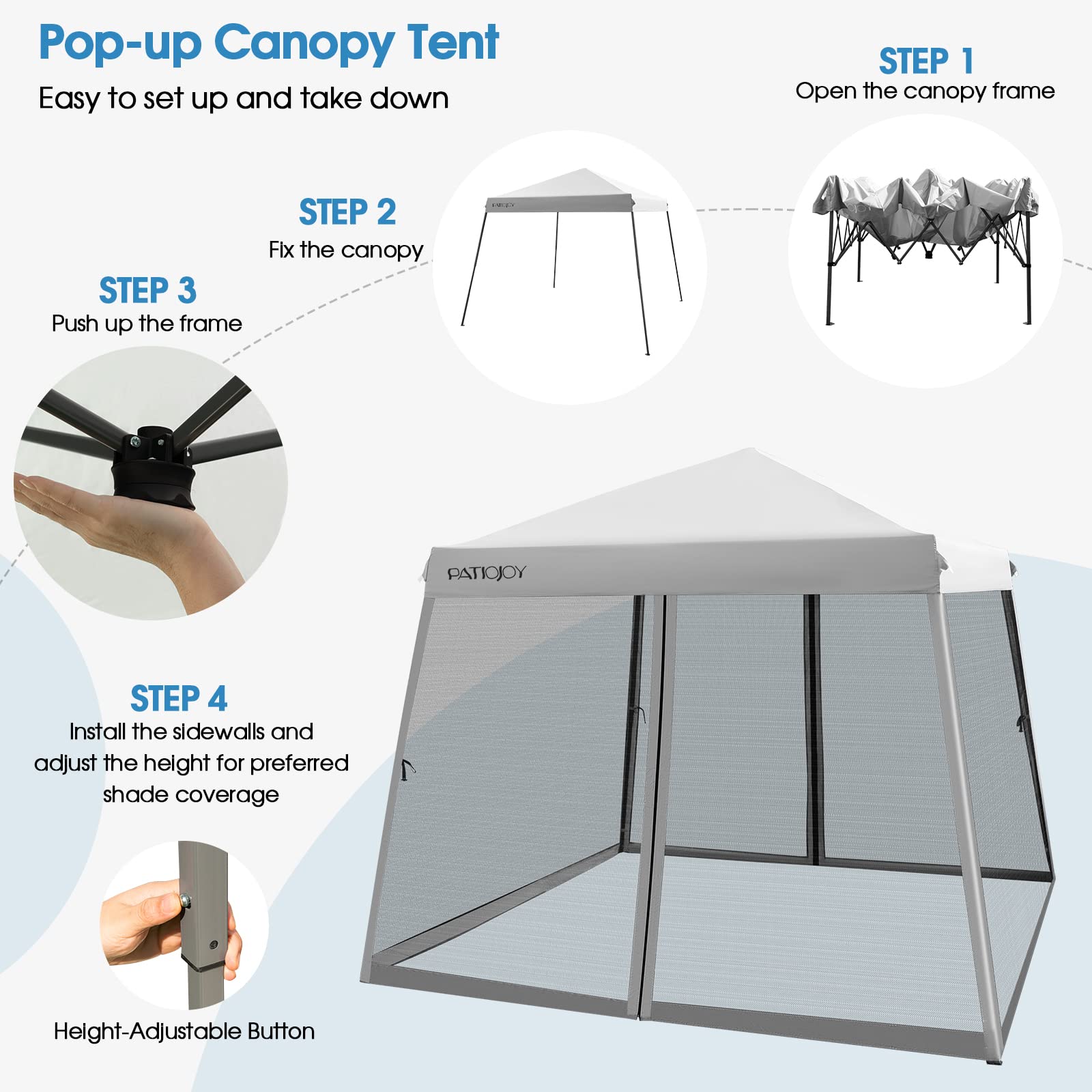 Tangkula 10x10 Ft Pop Up Canopy with Netting, Slanted Leg Outdoor Canopy with Roller Bag, 4 Sand Bags, 8 Stakes, 4 Ropes, Instant Canopy Tent with Easy Set-up Center Lock for Patio (Grey)