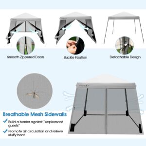 Tangkula 10x10 Ft Pop Up Canopy with Netting, Slanted Leg Outdoor Canopy with Roller Bag, 4 Sand Bags, 8 Stakes, 4 Ropes, Instant Canopy Tent with Easy Set-up Center Lock for Patio (Grey)