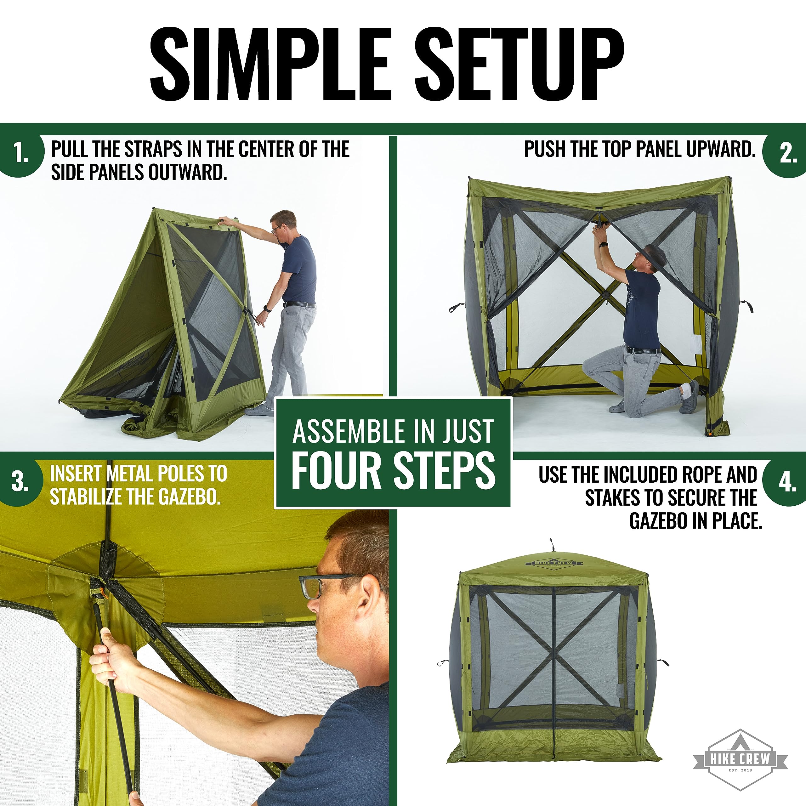 Hike Crew 6’ x 6’ Pop-Up Gazebo Screen Tent | Screened 4-Sided Instant Outdoor Canopy Shelter with Stakes, Ropes & Carry Bag for Camping, Sports & Picnic Table | UV Resistant SPF 50+