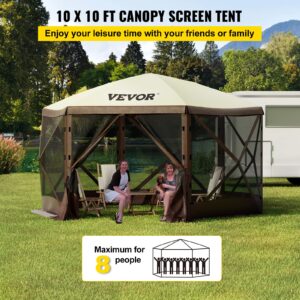 VEVOR Gazebo Screen Tent, 10 x 10 ft, 6 Sided Pop-up Camping Canopy Shelter Tent with Mesh Windows, Portable Carry Bag, Ground Stakes, Large Shade Tents for Outdoor Camping, Lawn and Backyard